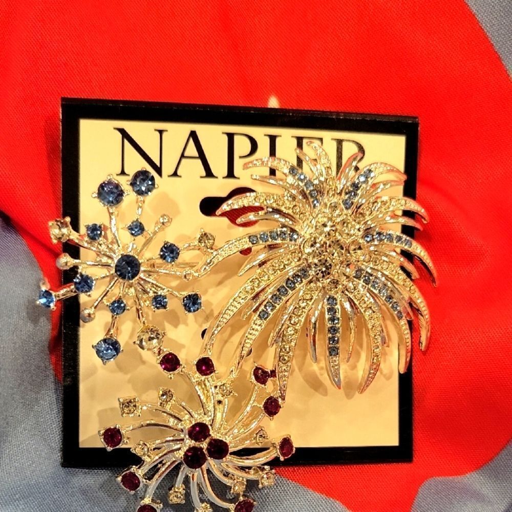 Napier Gold and Silver Brooch with Blue and Red Accents